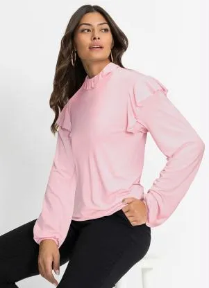 bonprix - Blusa com Babados nas Mangas e no Decote Rosa - BONPRIX