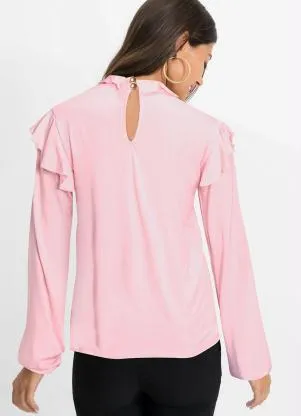 bonprix - Blusa com Babados nas Mangas e no Decote Rosa - BONPRIX