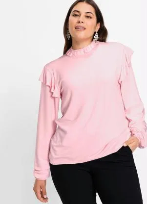 bonprix - Blusa com Babados nas Mangas e no Decote Rosa - BONPRIX