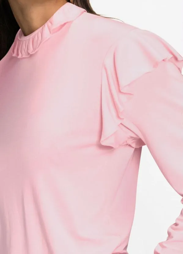 bonprix - Blusa com Babados nas Mangas e no Decote Rosa 3