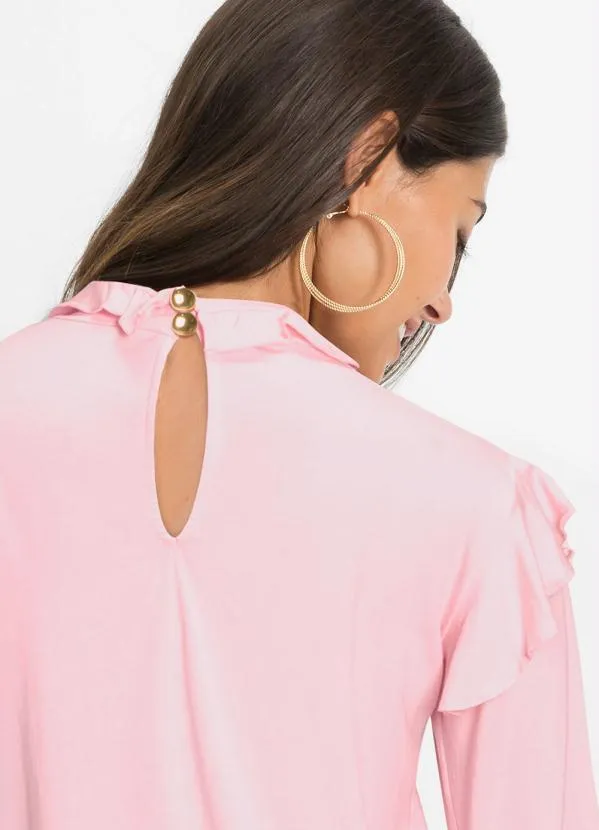 bonprix - Blusa com Babados nas Mangas e no Decote Rosa 4