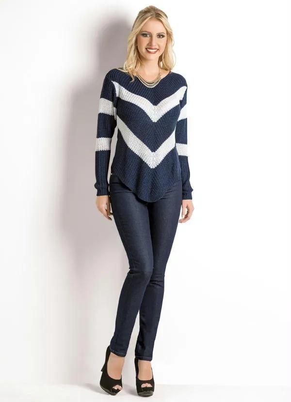 Janine - Blusa com Barra Assimétrica Marinho e Branca 3