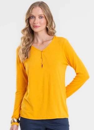 Rovitex - Blusa com Botões Manga Longa Amarelo - ROVITEX