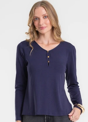 Rovitex - Blusa com Botões Manga Longa Azul - ROVITEX