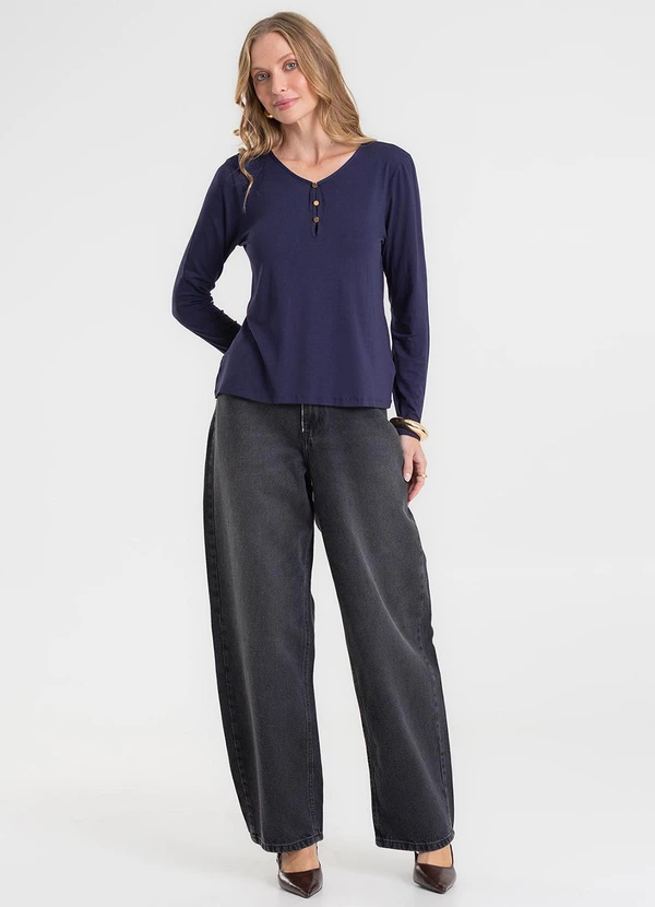 Rovitex - Blusa com Botões Manga Longa Azul 3