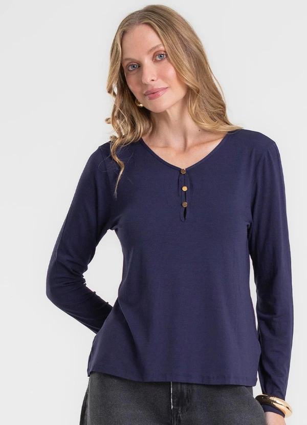 Rovitex - Blusa com Botões Manga Longa Azul 4