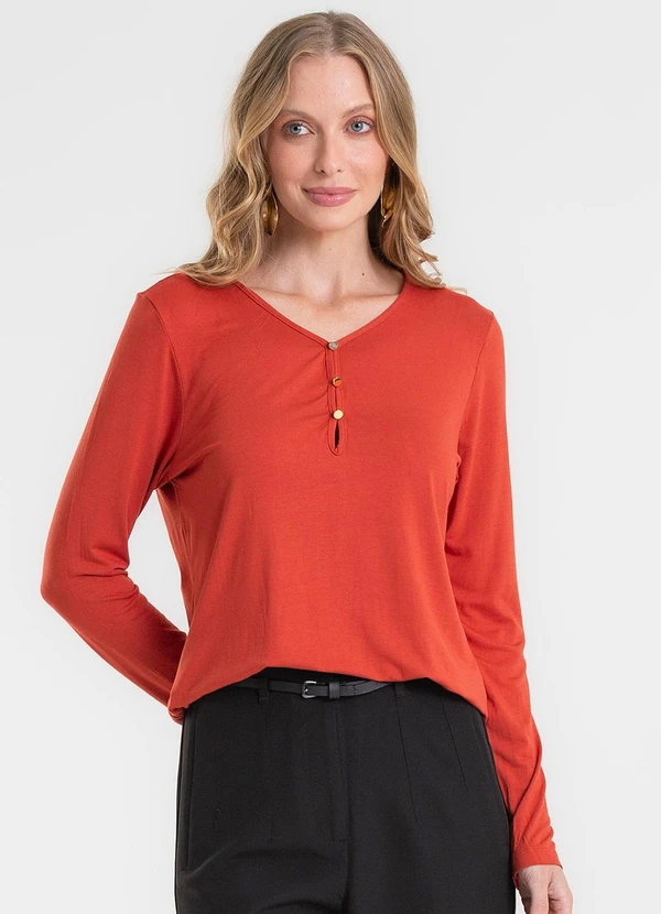 Rovitex - Blusa com Botões Manga Longa Laranja 4