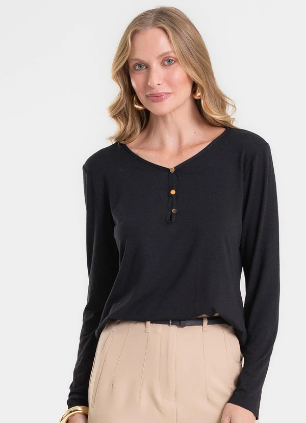 Rovitex - Blusa com Botões Manga Longa Preto 4
