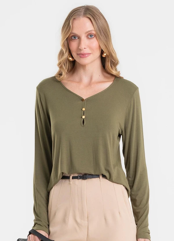 Rovitex - Blusa com Botões Manga Longa Verde 4