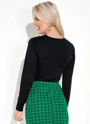 Moda Pop - Blusa com Decote Cruzado e Mangas Longas Preta - MODA POP