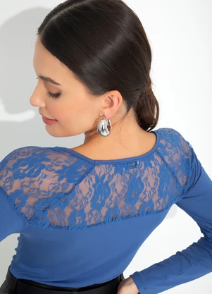 bonprix - Blusa com Decote em Renda Azul - BONPRIX