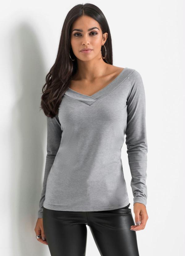 Outlet - Blusa com Decote V Transpasse Cinza Mescla 7