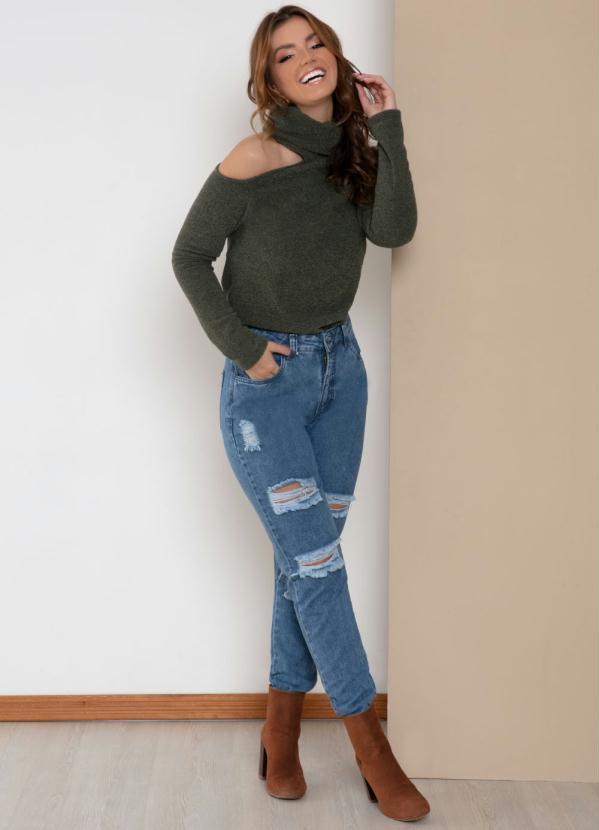 Quintess - Blusa com Gola Alta e Ombro Vazado Verde 3