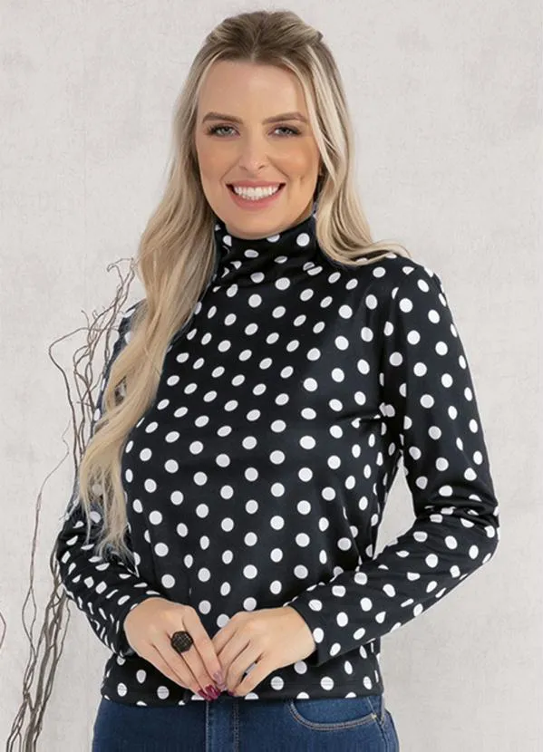 Moda Pop - Blusa com Gola Alta Poá Preta