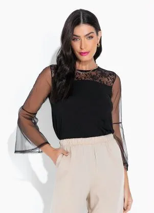 bonprix - Blusa com Manga em Renda Preta - BONPRIX