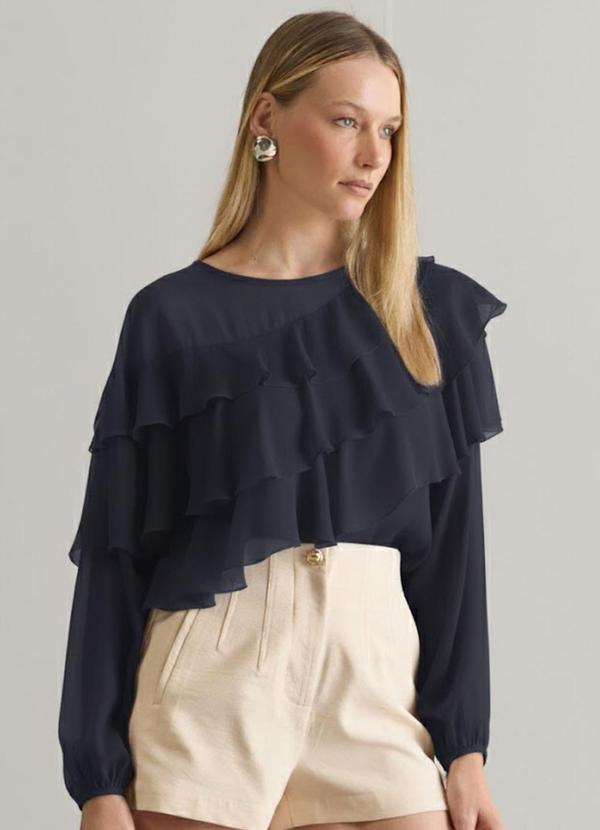 Carlota Costa - Blusa com Mangas Longas e Babados Azul