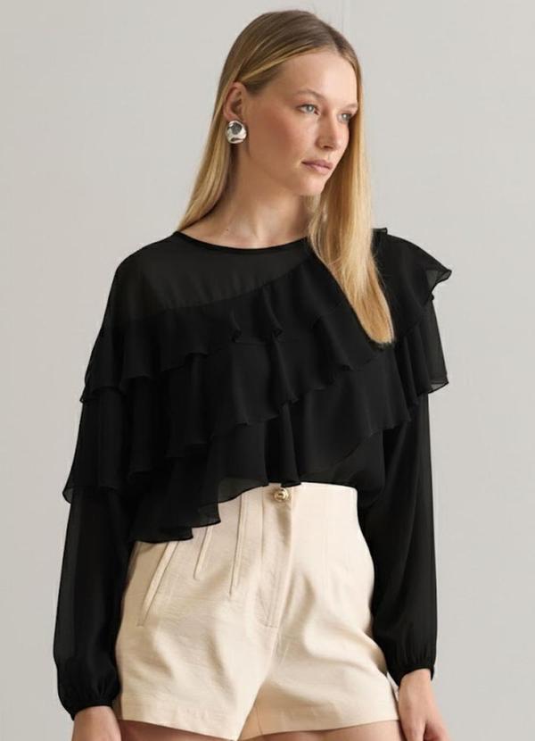 Carlota Costa - Blusa com Mangas Longas e Babados Preto