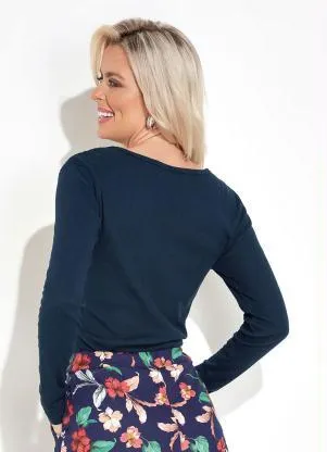 Moda Pop - Blusa com Mangas Longas e Botões Marinho - MODA POP