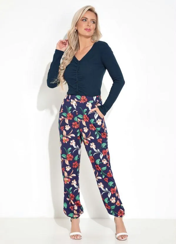 Moda Pop - Blusa com Mangas Longas e Botões Marinho 3