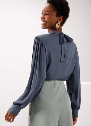Lunender - Blusa com Punhos Ajustados e Amarração Azul - LUNENDER