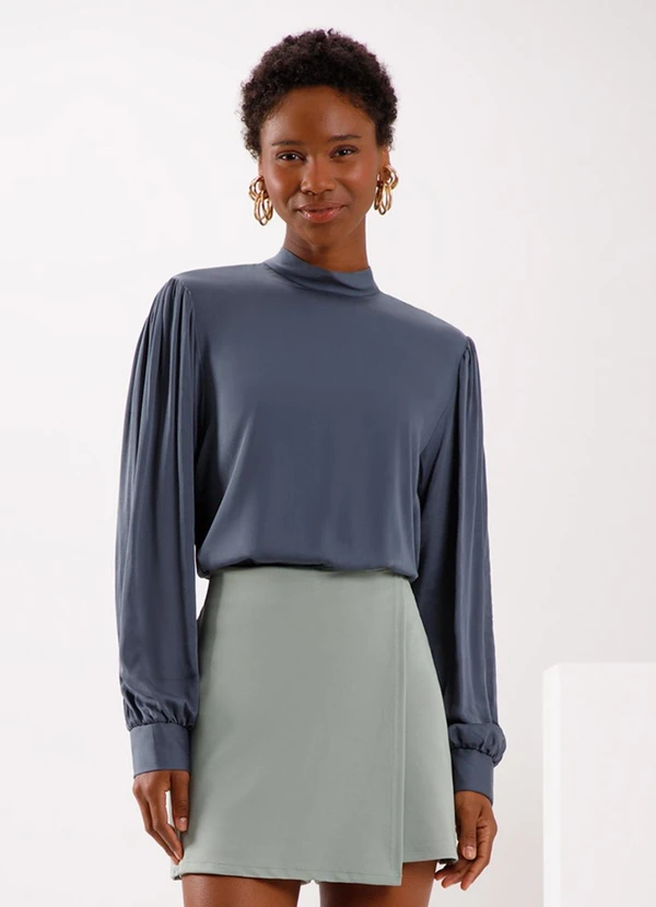 Lunender - Blusa com Punhos Ajustados e Amarração Azul