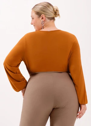 Lunender Mais Mulher - Blusa com Punhos Elásticos e Decote em V Laranja - LUNENDER MAIS MULHER