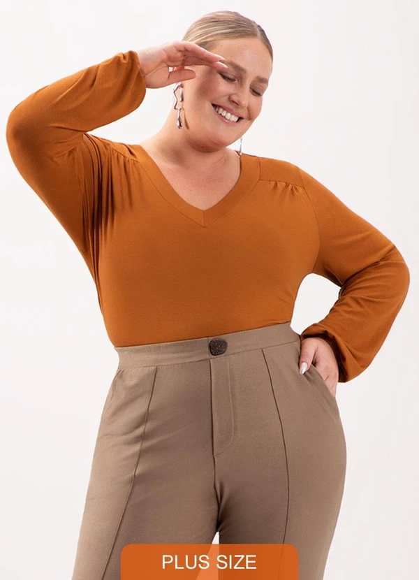 Lunender Mais Mulher - Blusa com Punhos Elásticos e Decote em V Laranja