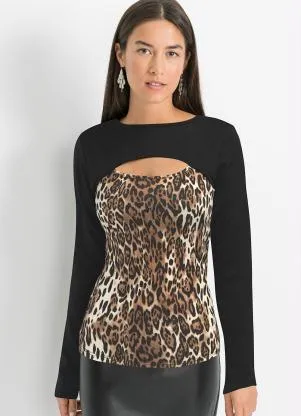 bonprix - Blusa com RecorteOnça Marrom - BONPRIX