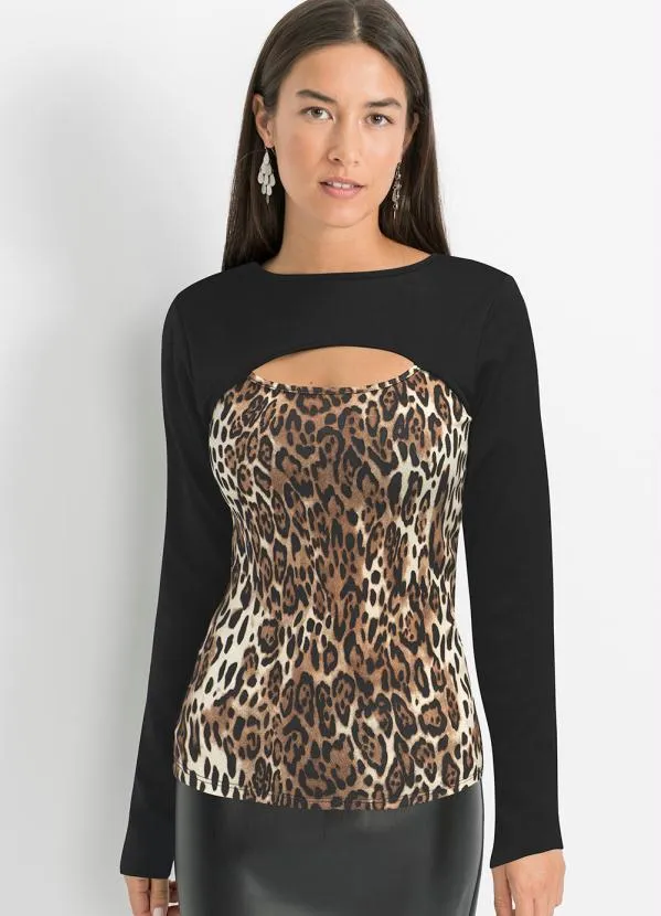 bonprix - Blusa com RecorteOnça Marrom