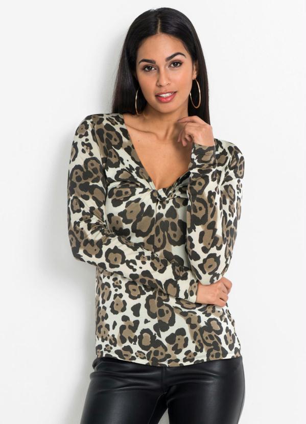 bonprix - Blusa com Torção Animal Print Onça Bege