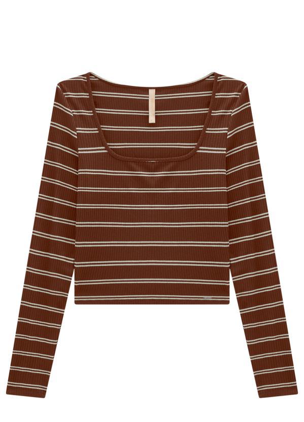 Lunender - Blusa Cropped Canelada Manga Longa Bege