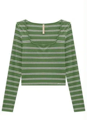 Lunender - Blusa Cropped Canelada Manga Longa Verde - LUNENDER