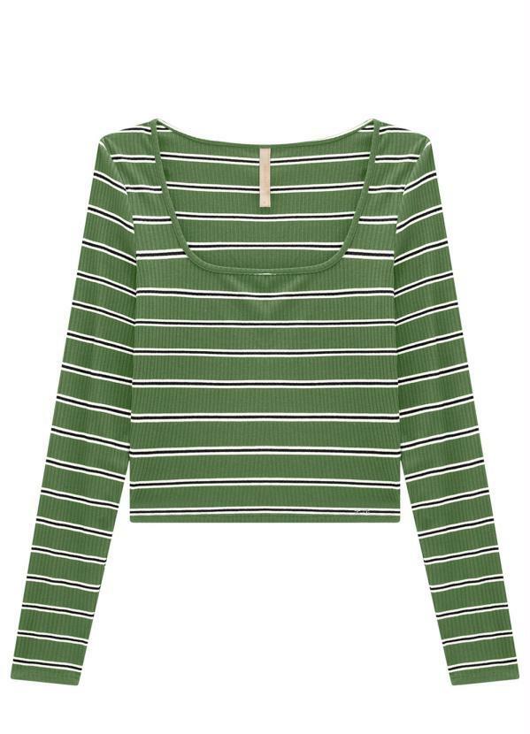 Lunender - Blusa Cropped Canelada Manga Longa Verde