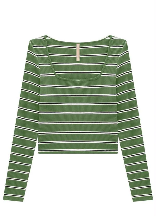 Lunender - Blusa Cropped Canelada Manga Longa Verde