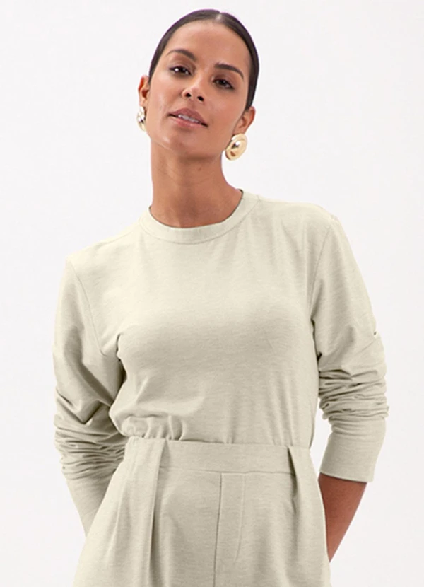 Lunender - Blusa Cropped de Mangas Longas em Moletom Bege