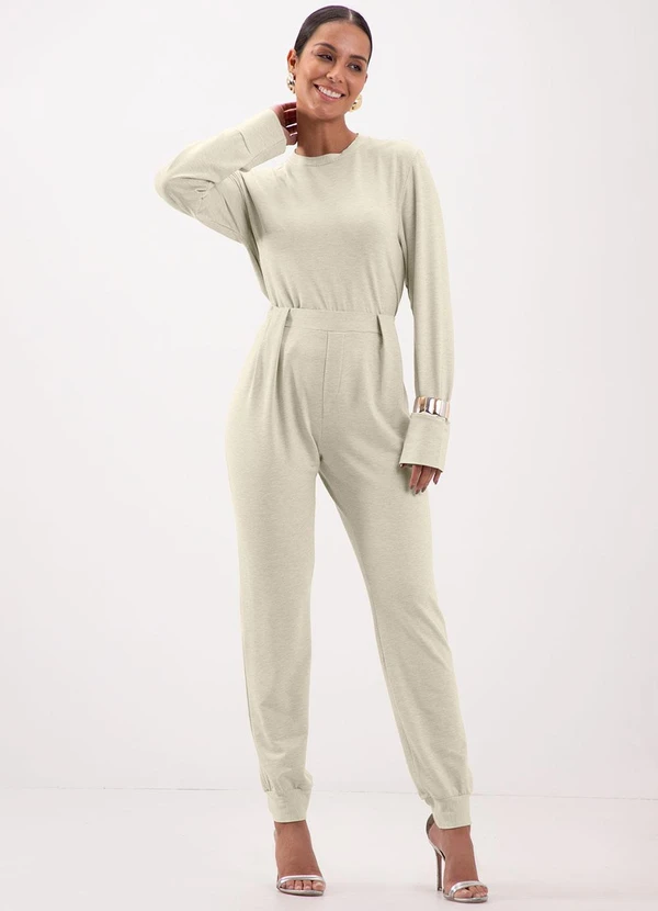 Lunender - Blusa Cropped de Mangas Longas em Moletom Bege 3