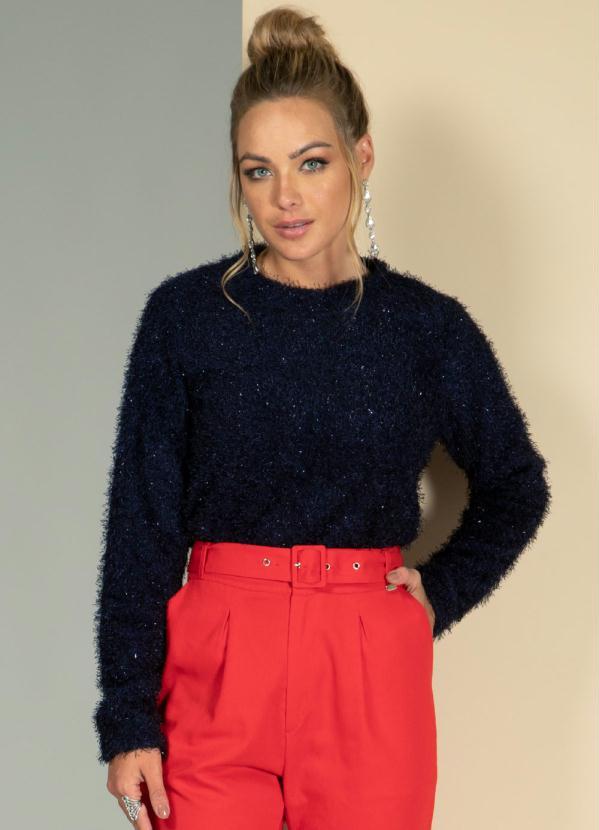 Quintess - Blusa Cropped Peluciada Marinho de Mangas Longas