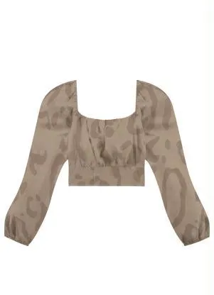 Lunender - Blusa Cropped Viscose Manga Longa Bege - LUNENDER