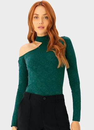 Enfim - Blusa Cut Out em Jacquard Floral Verde - ENFIM