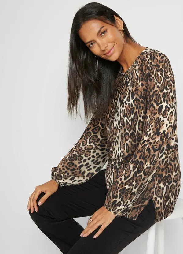 bonprix - Blusa de Crepe Onça Marrom