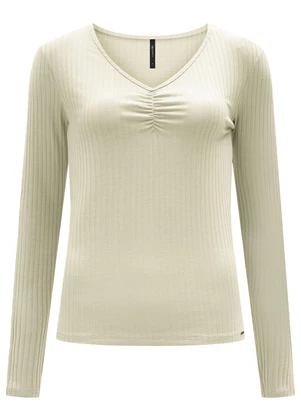 Lunender - Blusa de Malha Canelada e Decote em V Bege - LUNENDER