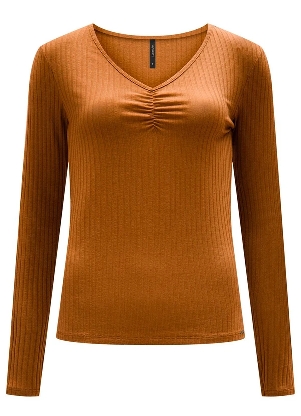 Lunender - Blusa de Malha Canelada e Decote em V Laranja