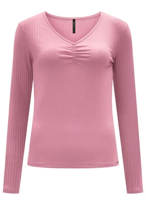 Lunender - Blusa de Malha Canelada e Decote em V Rosa - LUNENDER