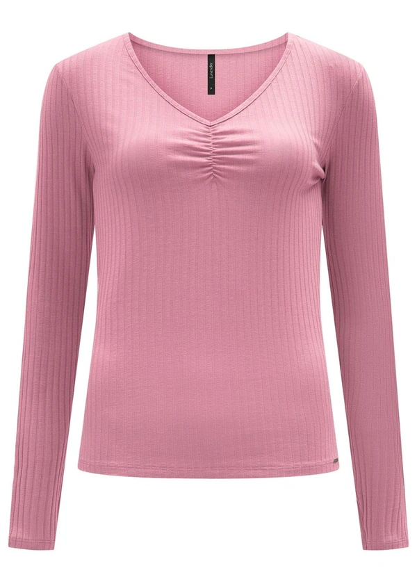 Lunender - Blusa de Malha Canelada e Decote em V Rosa