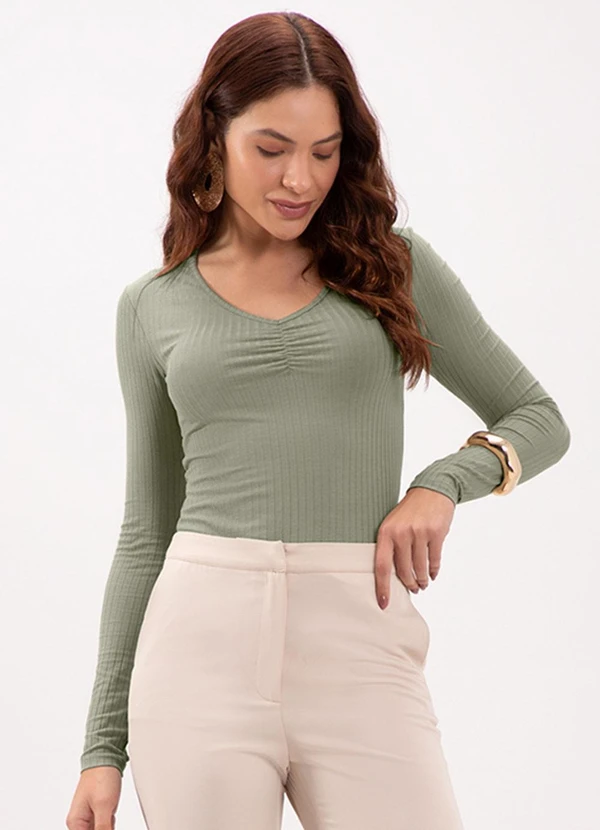 Lunender - Blusa de Malha Canelada e Decote em V Verde