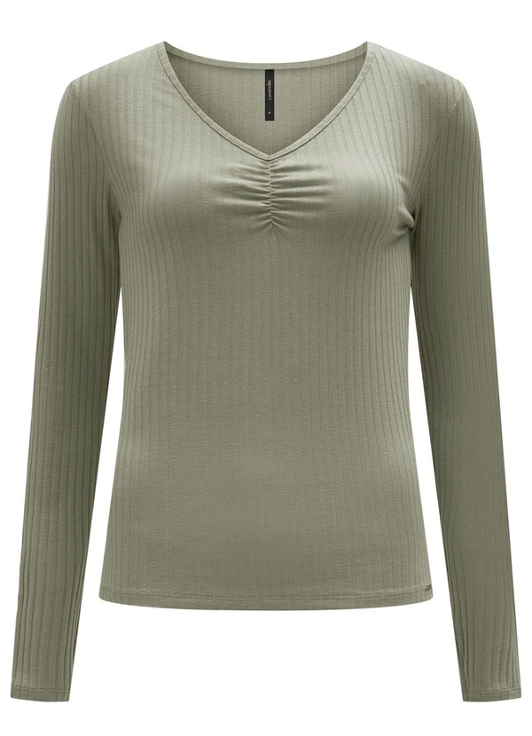 Lunender - Blusa de Malha Canelada e Decote em V Verde 5