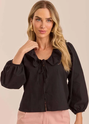 Doce Trama - Blusa de Manga 7/8 em Tricoline Preto - DOCE TRAMA