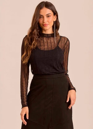 Doce Trama - Blusa de Manga Curta Retrô Glam em Tule Preto - DOCE TRAMA