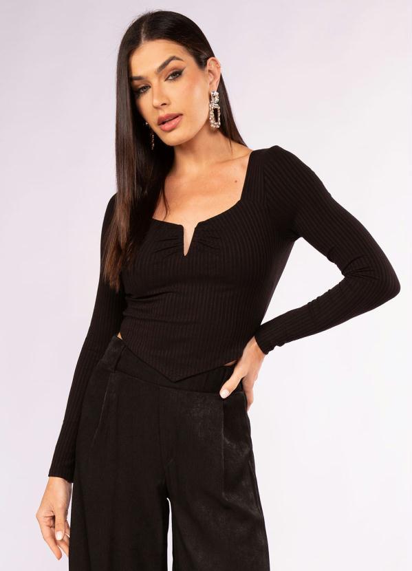 Doce Trama - Blusa de Manga Longa com Decote V Preto
