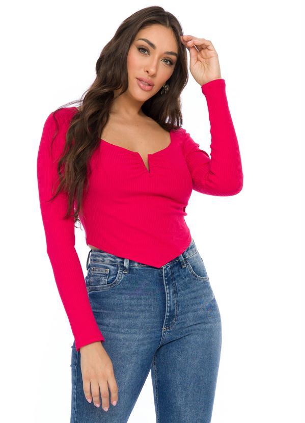 Doce Trama - Blusa de Manga Longa com Decote V Rosa